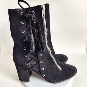 Silent D Suede Leather Block Heel Corset Lace Up Tassels Mid-Calf Boots Black 10